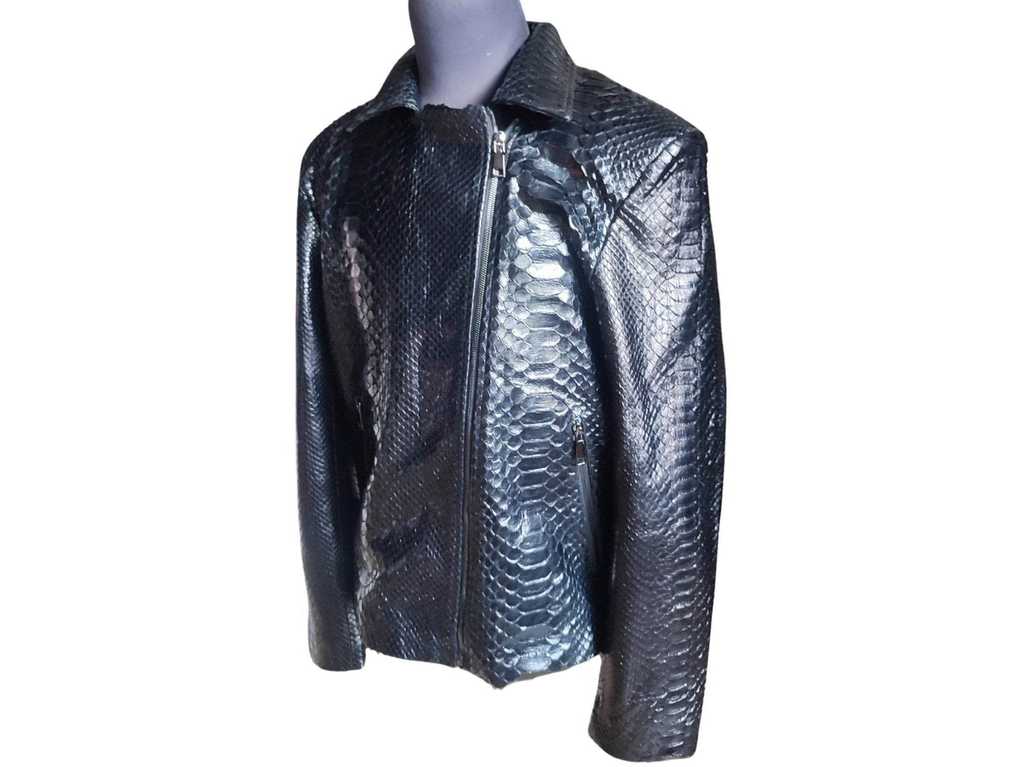 Glossy Black Snakeskin Motorcycle Leather Jacket - LFM Fashion