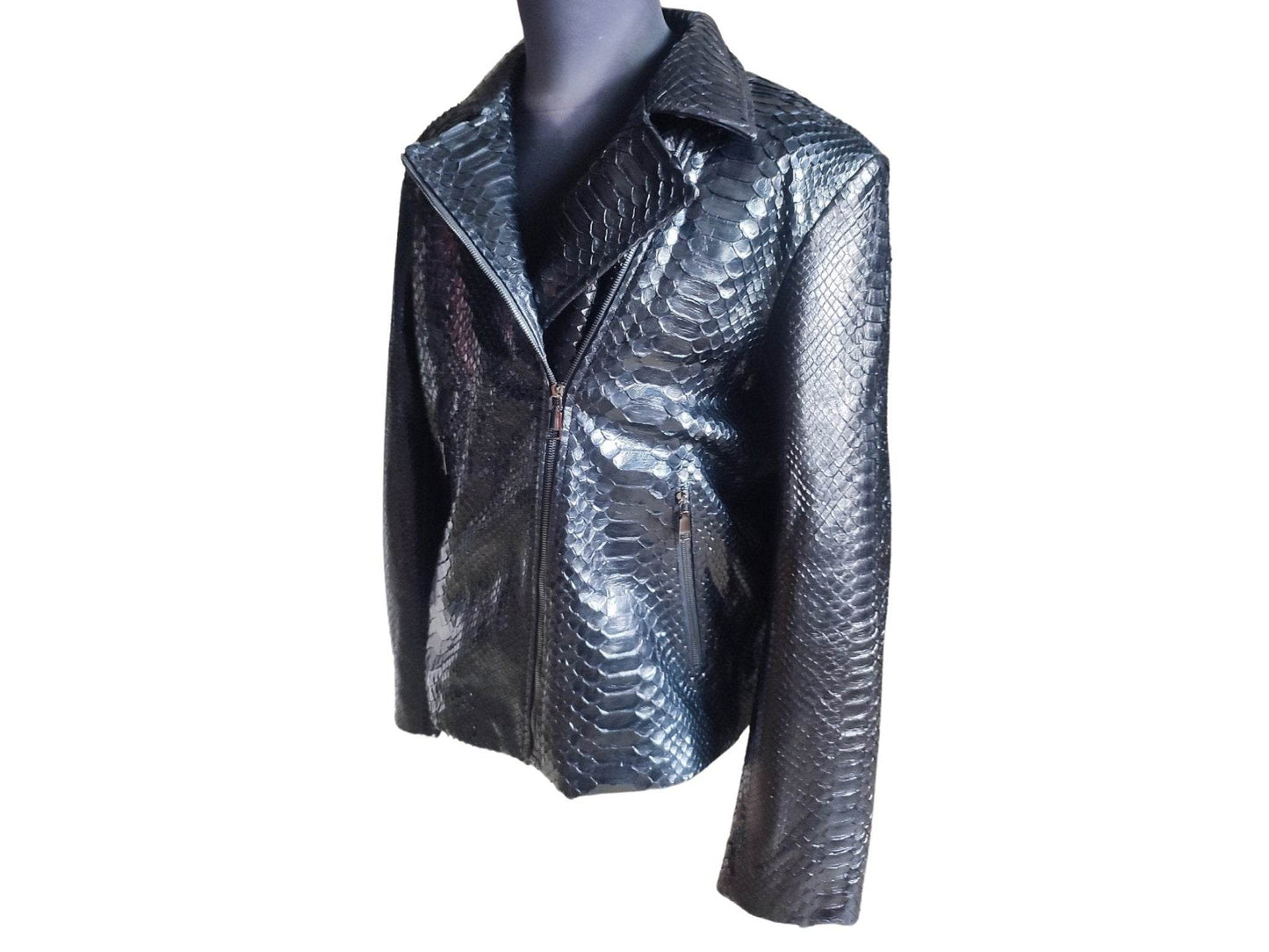 Glossy Black Snakeskin Motorcycle Leather Jacket - LFM Fashion
