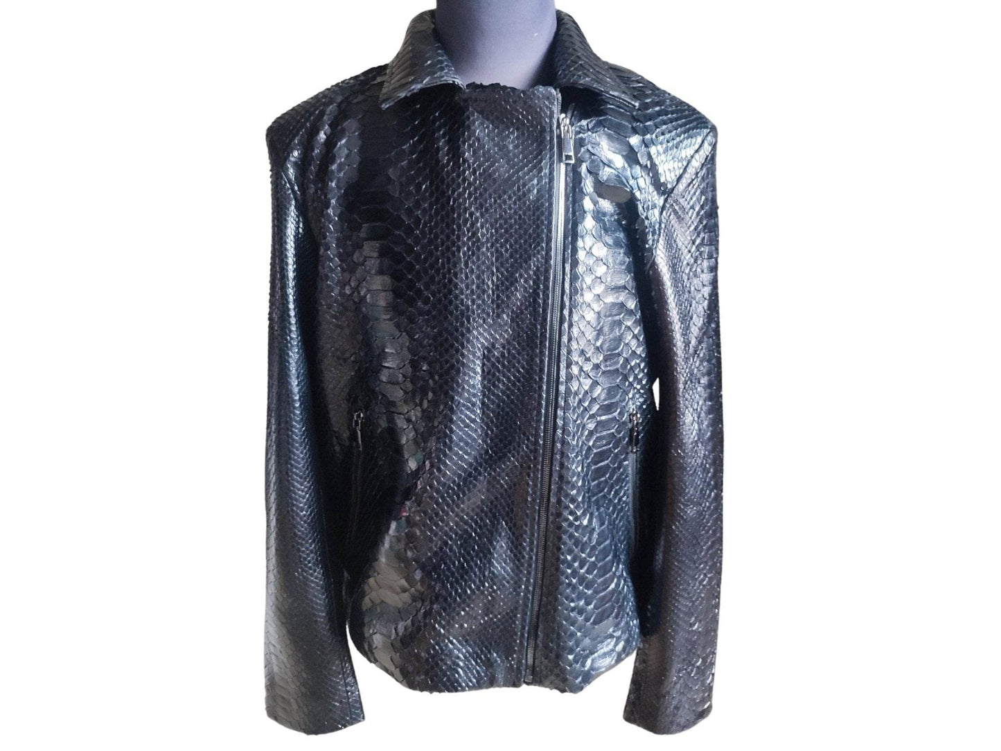 Glossy Black Snakeskin Motorcycle Leather Jacket - LFM Fashion