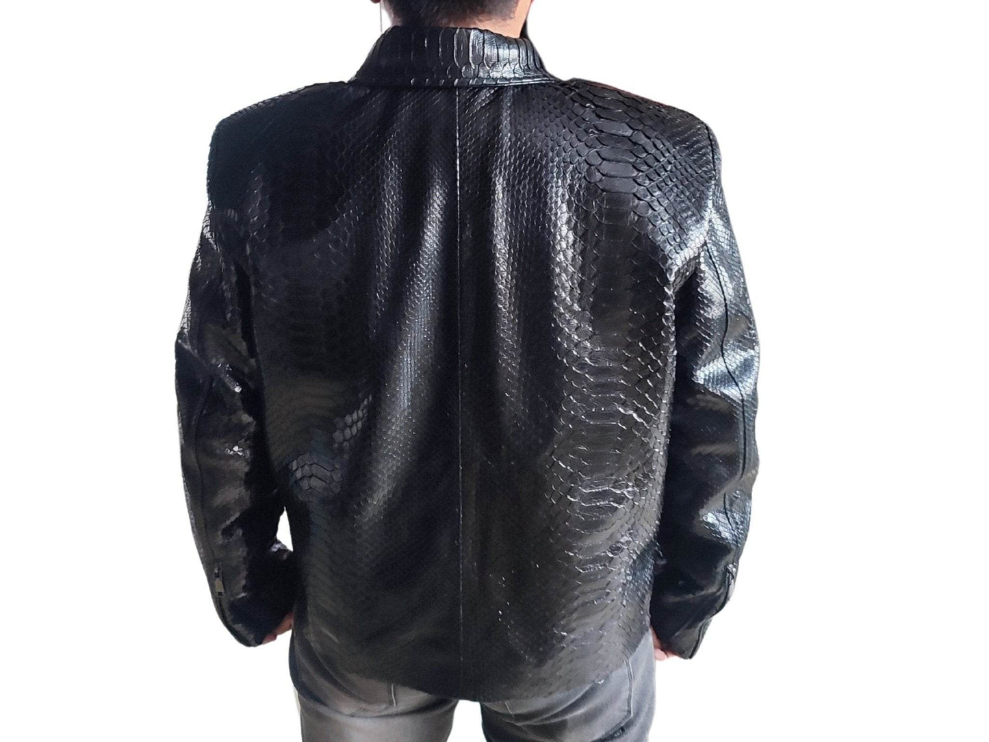 Glossy Black Snakeskin Motorcycle Leather Jacket - LFM Fashion