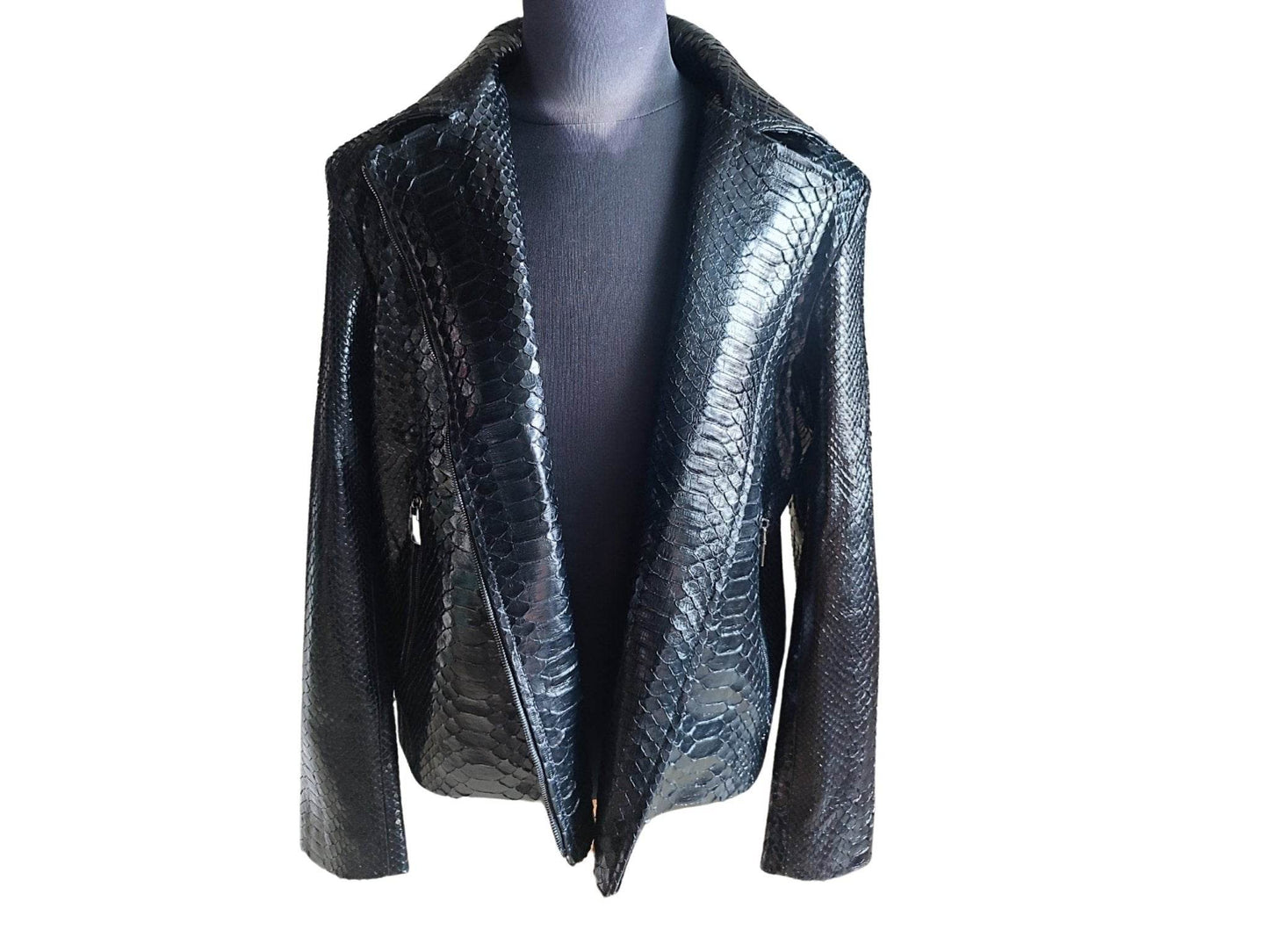 Glossy Black Snakeskin Motorcycle Leather Jacket - LFM Fashion