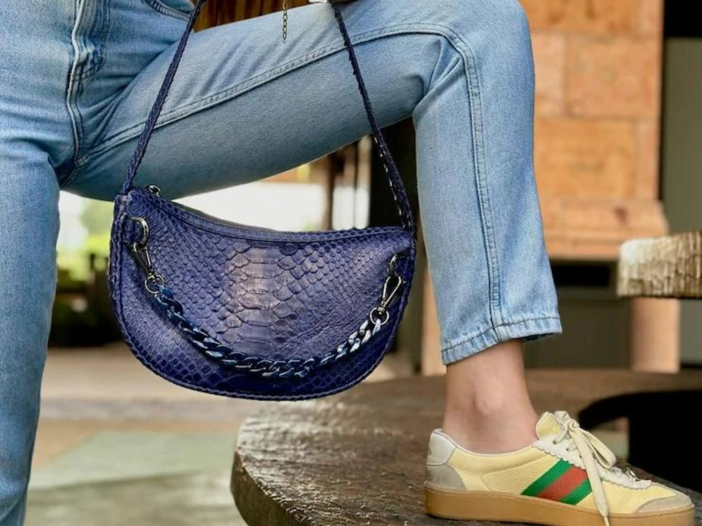Half Moon Shoulder Bag Acrylic Strap Accent - Python Jacket by LFM Fashion