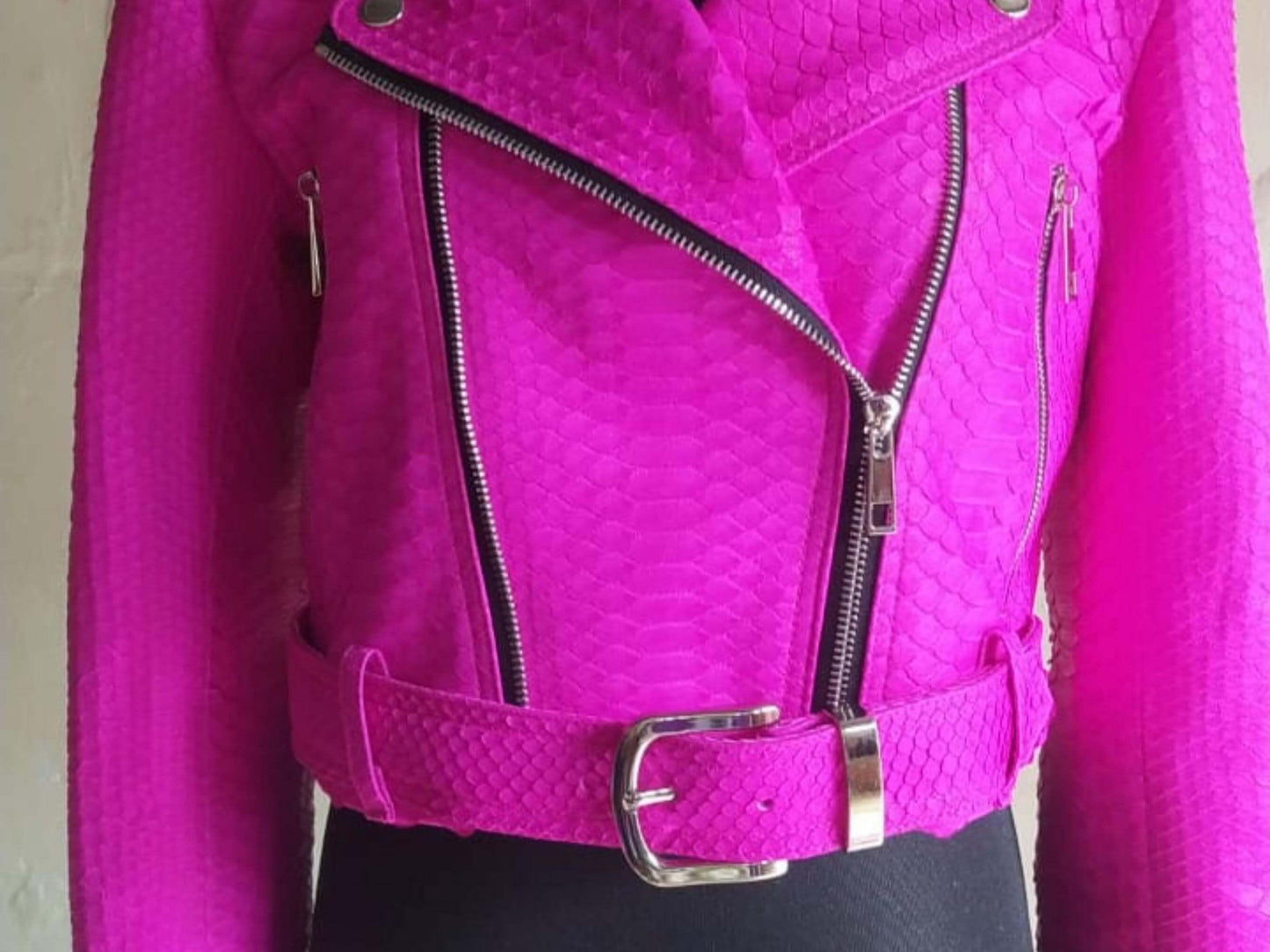 Women Jacket Hot Pink Snakeskin Python Leather Jacket Python Jacket by LFM Fashion