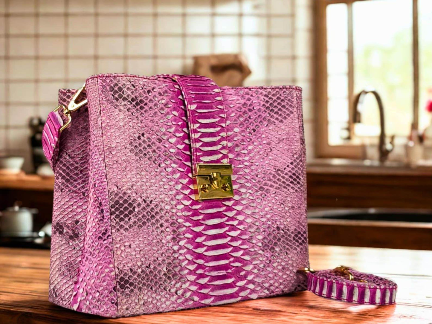 Handcrafted Pink Snakeskin Shoulder Bag - LFM Fashion