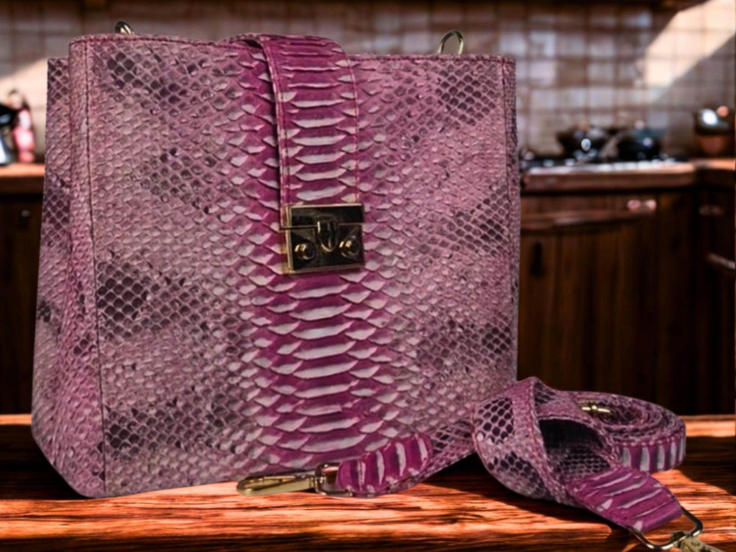 Handcrafted Pink Snakeskin Shoulder Bag - LFM Fashion
