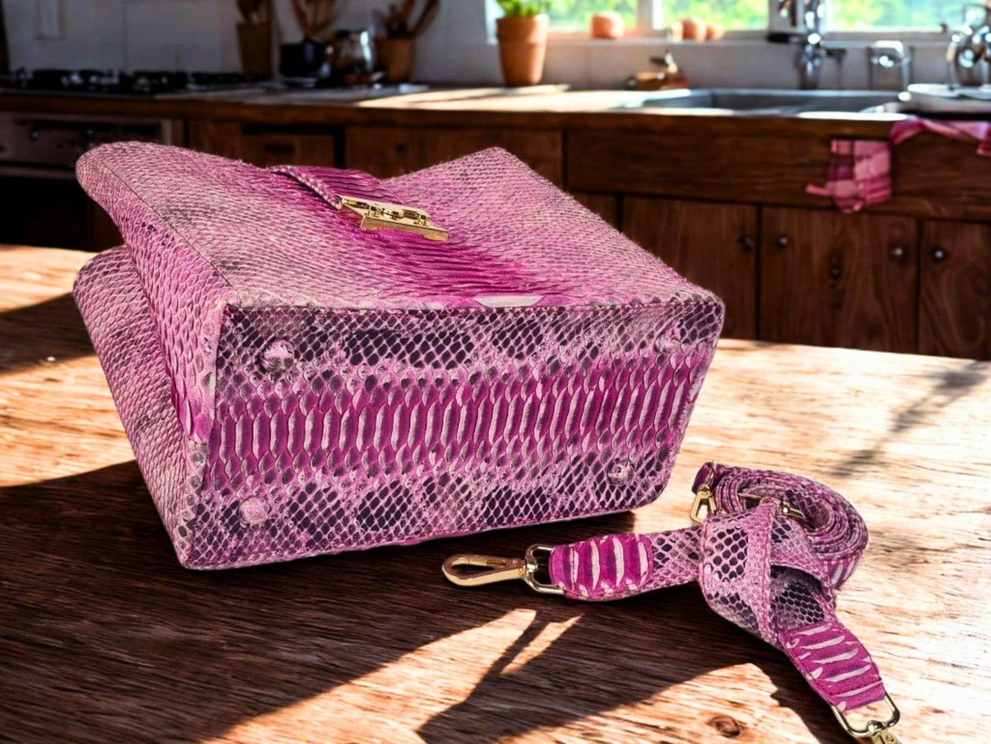 Handcrafted Pink Snakeskin Shoulder Bag - LFM Fashion