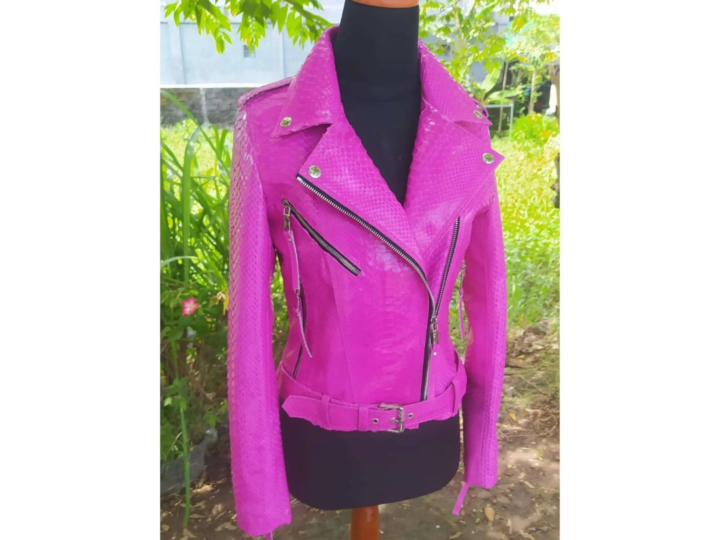 Neon Pink Python Snakeskin Leather Jacket - Python Jacket by LFM Fashion