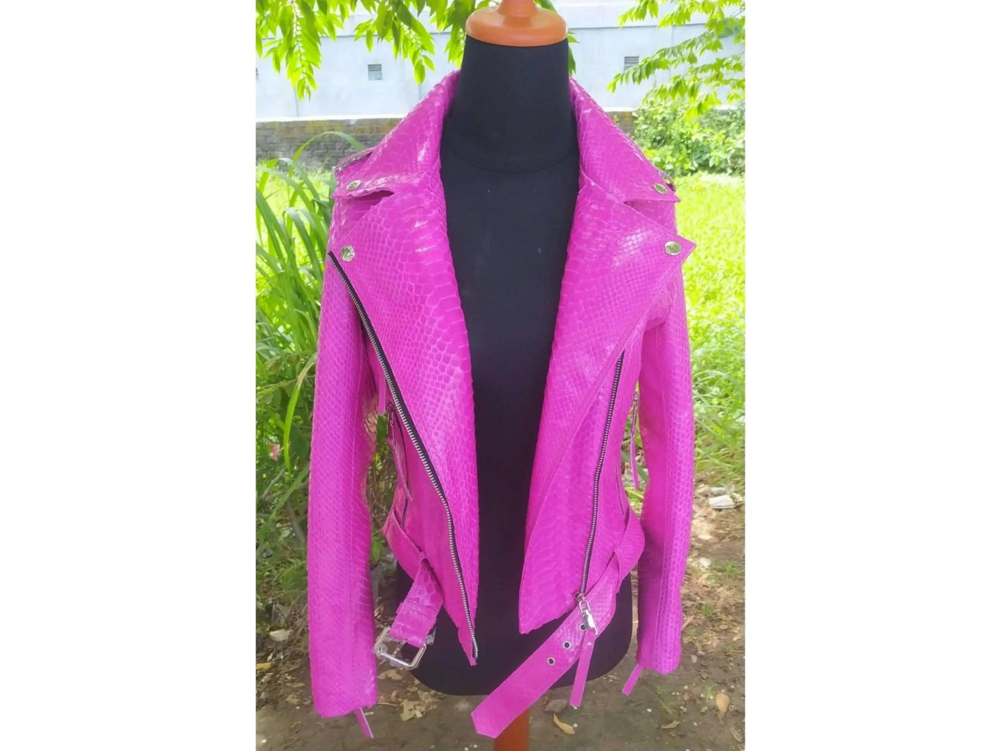 Neon Pink Python Snakeskin Leather Jacket - Python Jacket by LFM Fashion