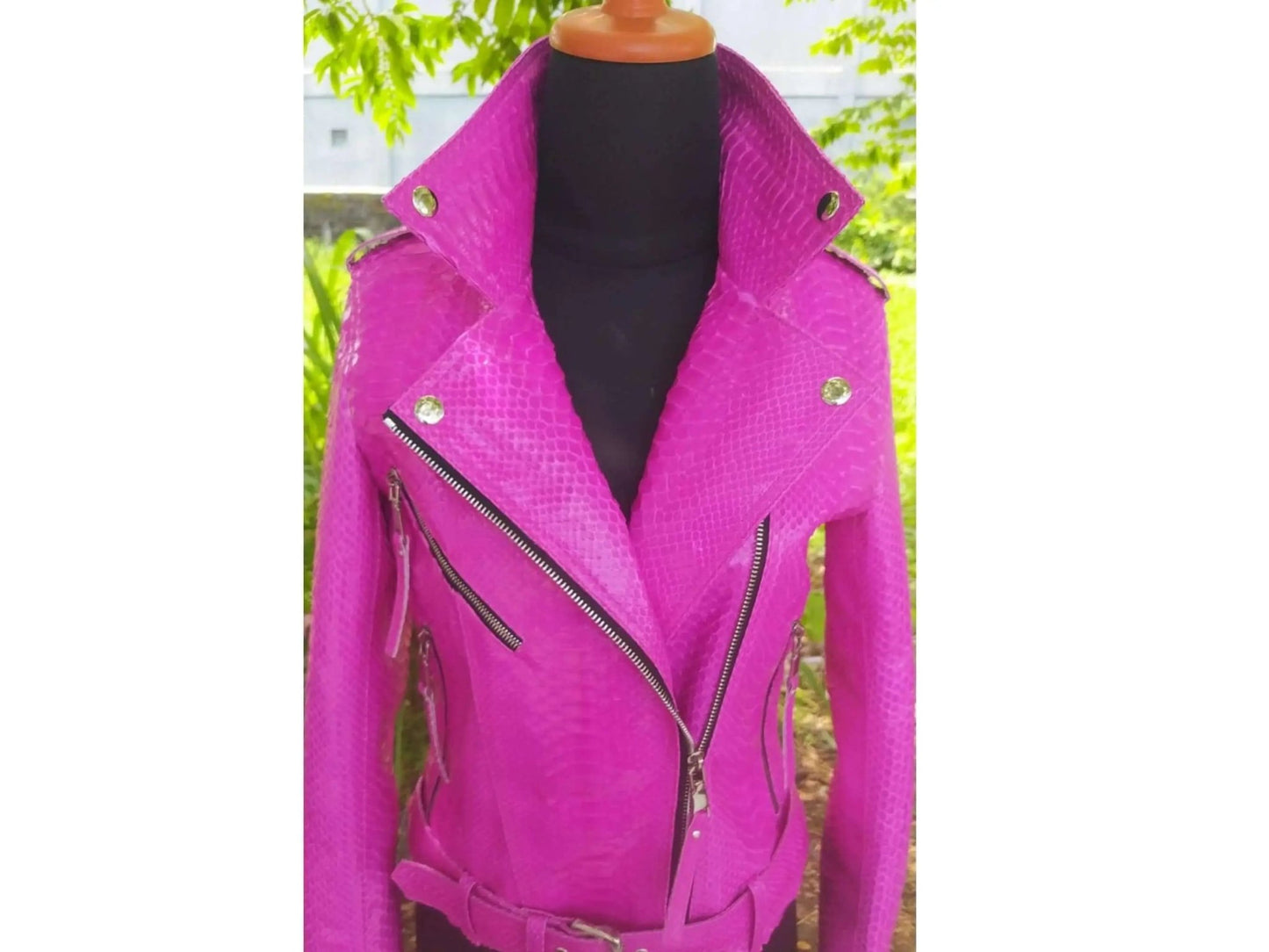 Neon Pink Python Snakeskin Leather Jacket - Python Jacket by LFM Fashion