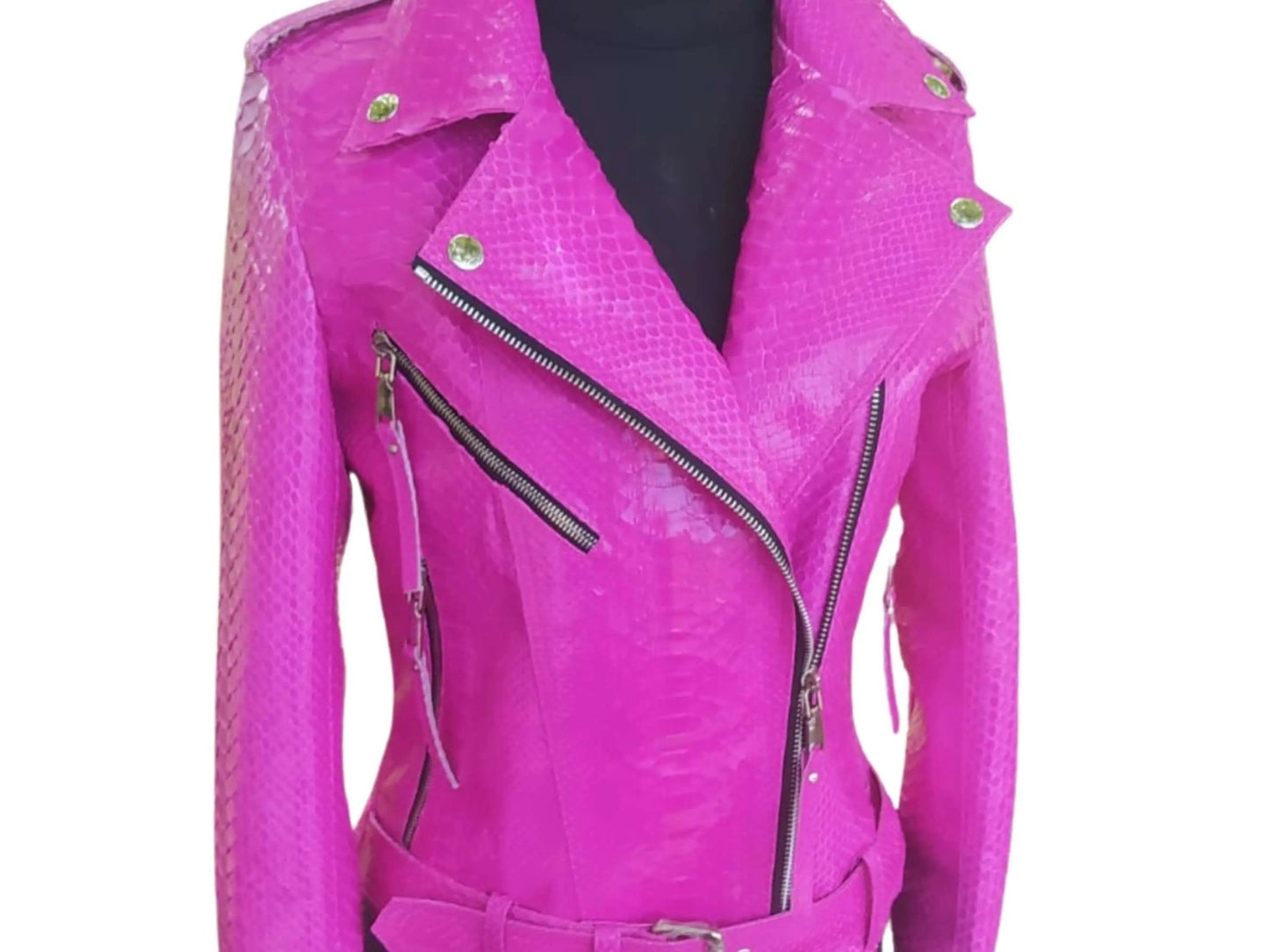 Neon Pink Python Snakeskin Leather Jacket - Python Jacket by LFM Fashion