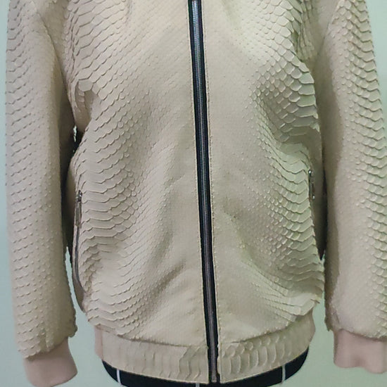 Cream Python Snakeskin Bomber Leather Jacket