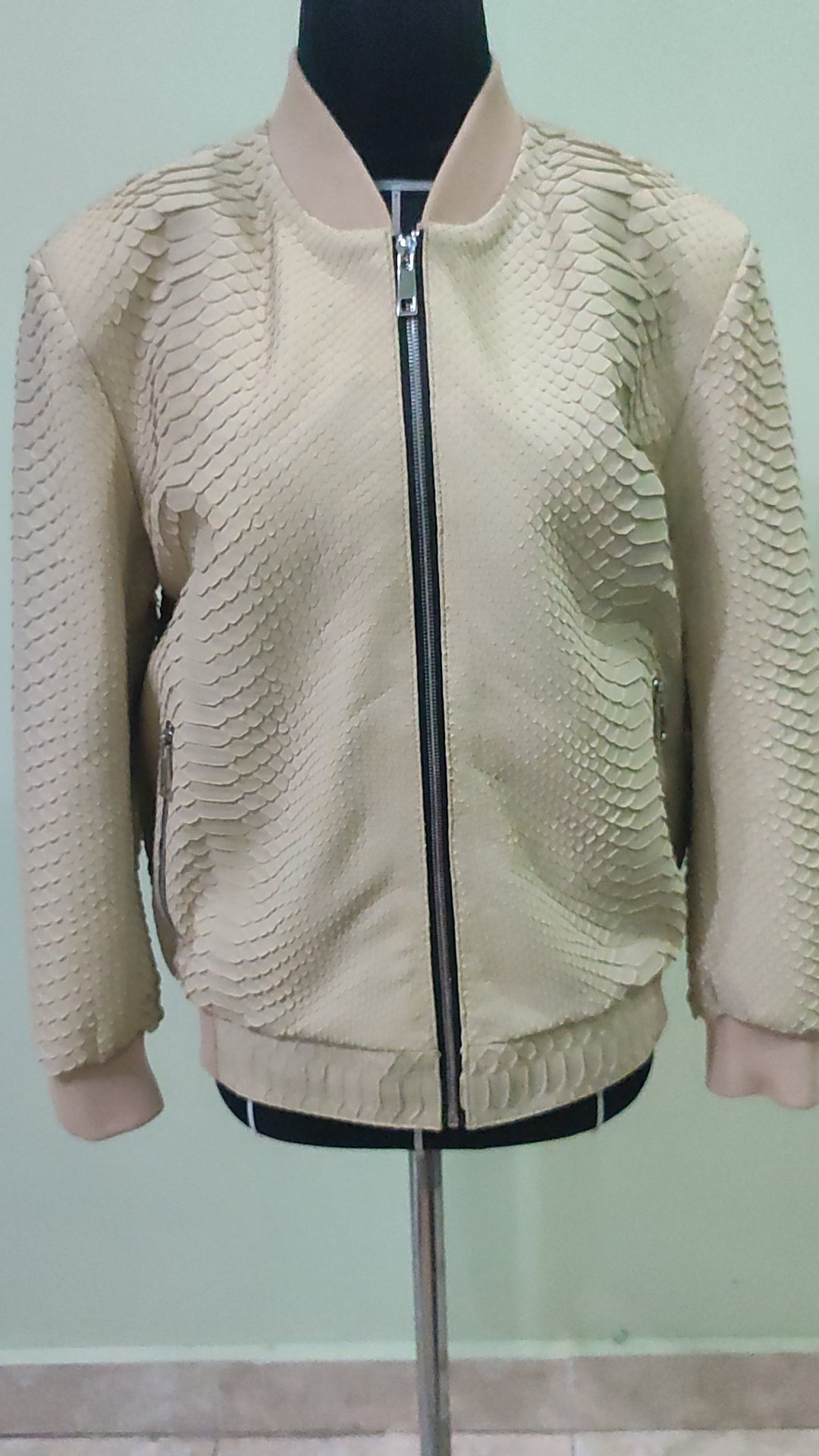 Cream Python Snakeskin Bomber Leather Jacket