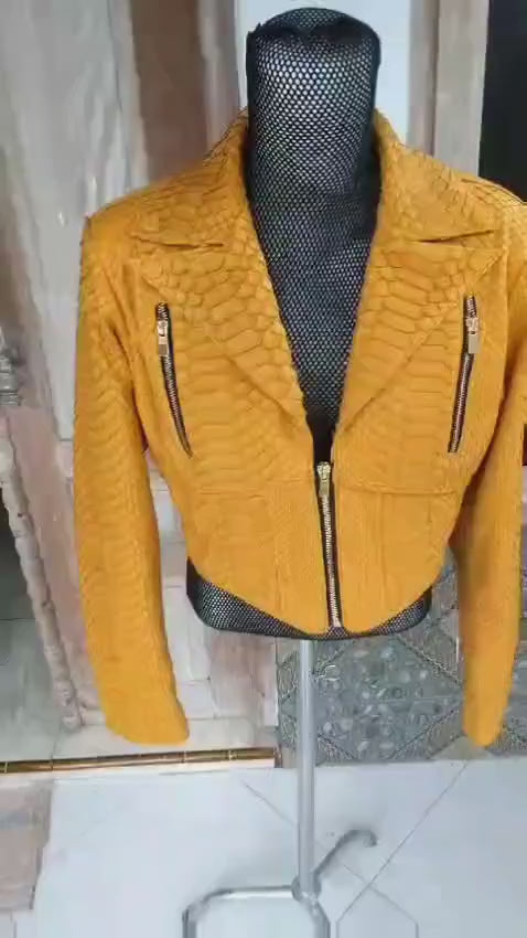 Cropped Snakeskin Leather Fashion Jacket
