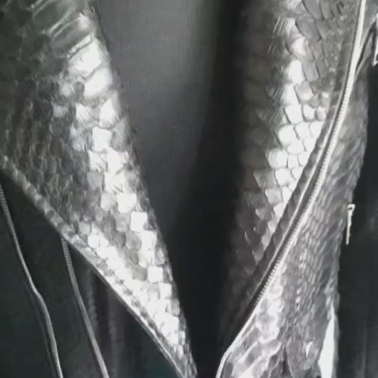 Black Motorcycle Leather Jacket Real Python Snake Skin with Glossy Finishing