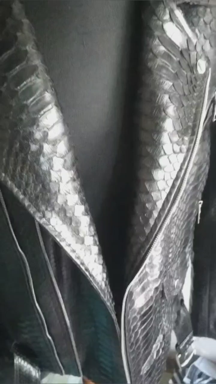 Black Motorcycle Leather Jacket Real Python Snake Skin with Glossy Finishing