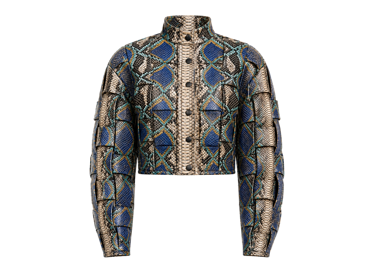 A cropped long-sleeve jacket featuring a complex geometric pattern of snakeskin and diamond textures in blue, beige, and metallic gold, with a high stand-up collar and front button closure.