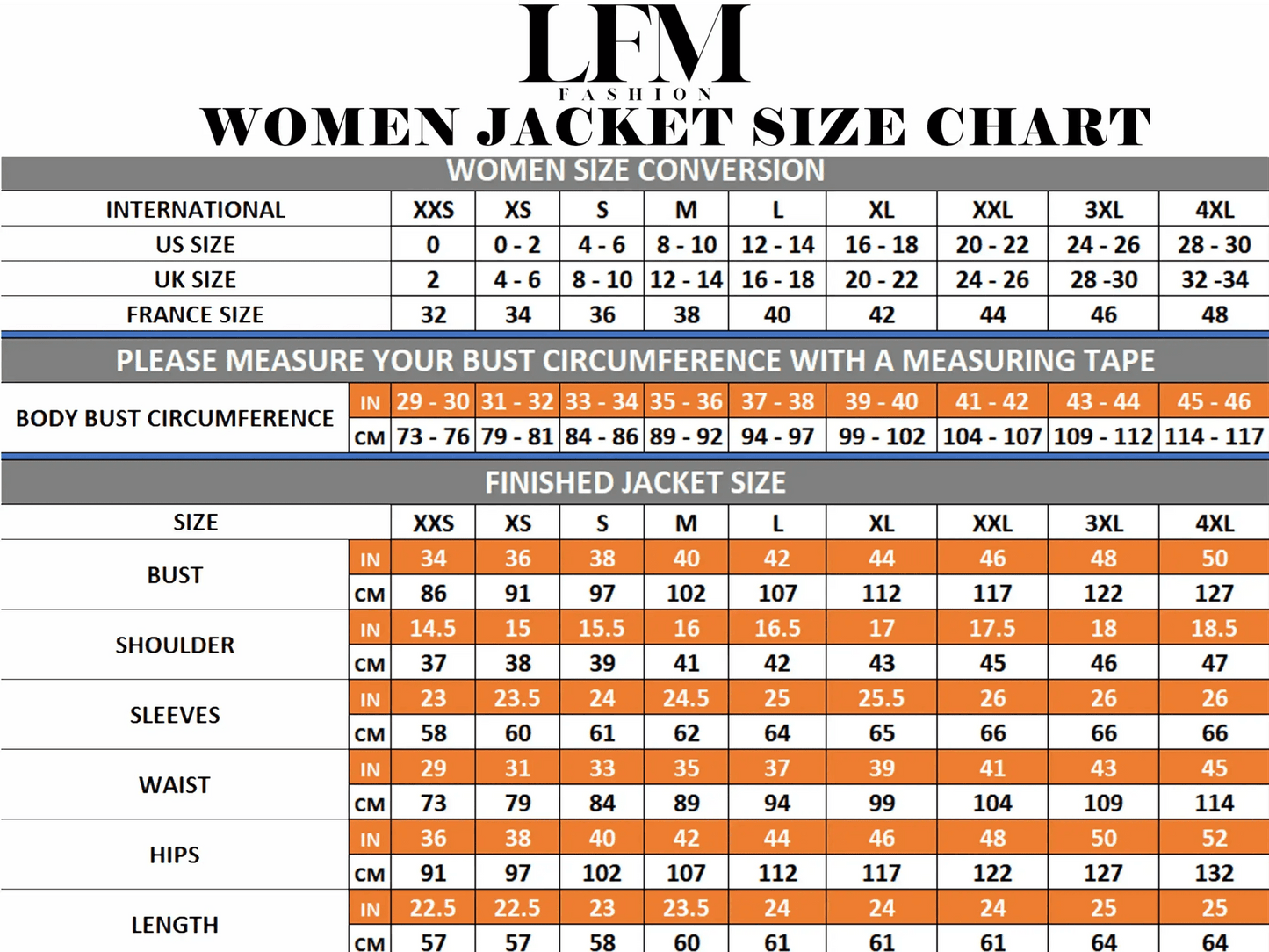 Snakeskin jacket size chart for Women - LFM Fashion