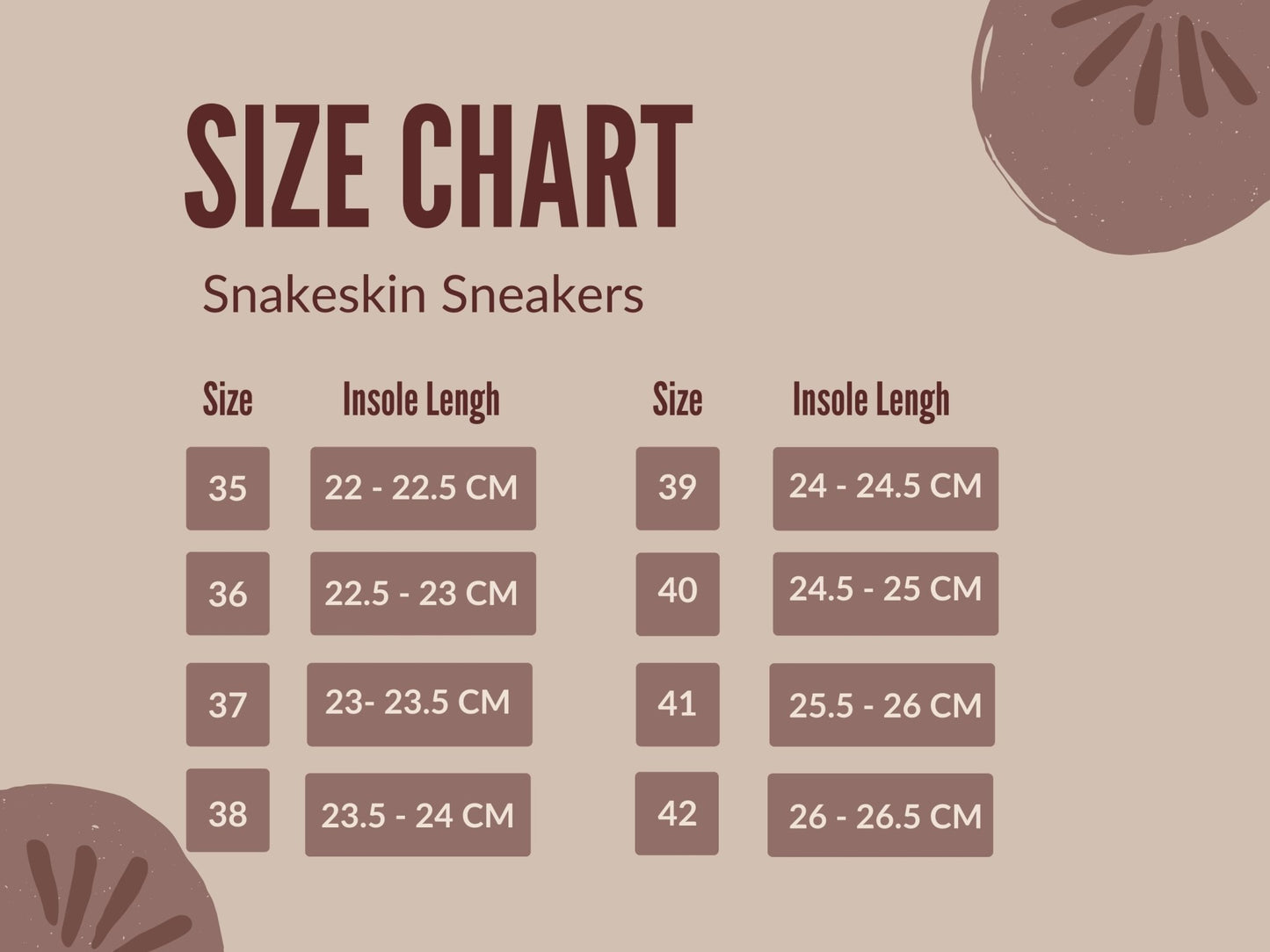 Premium Snakeskin Sneakers - size chart
