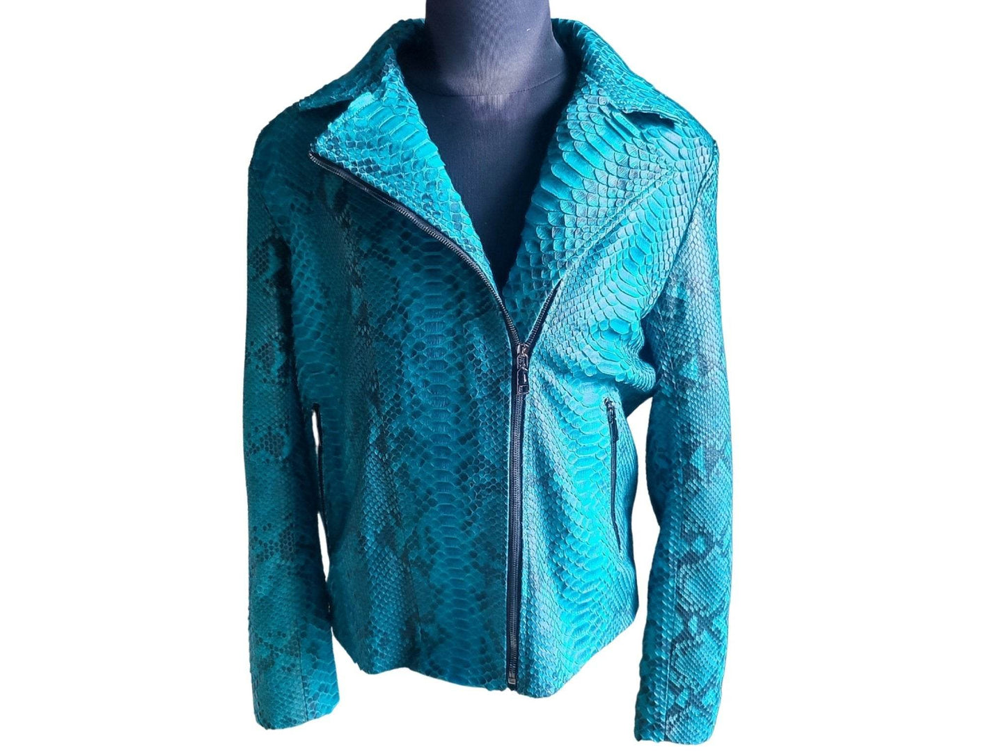 Turquoise Snakeskin Motorcycle Leather Jacket - LFM Fashion