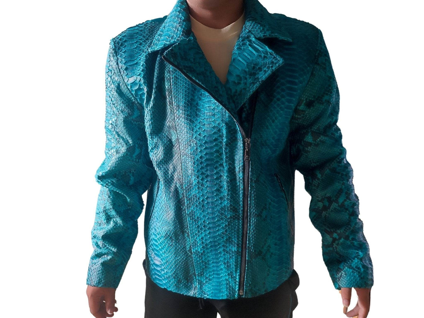 Turquoise Snakeskin Motorcycle Leather Jacket - LFM Fashion