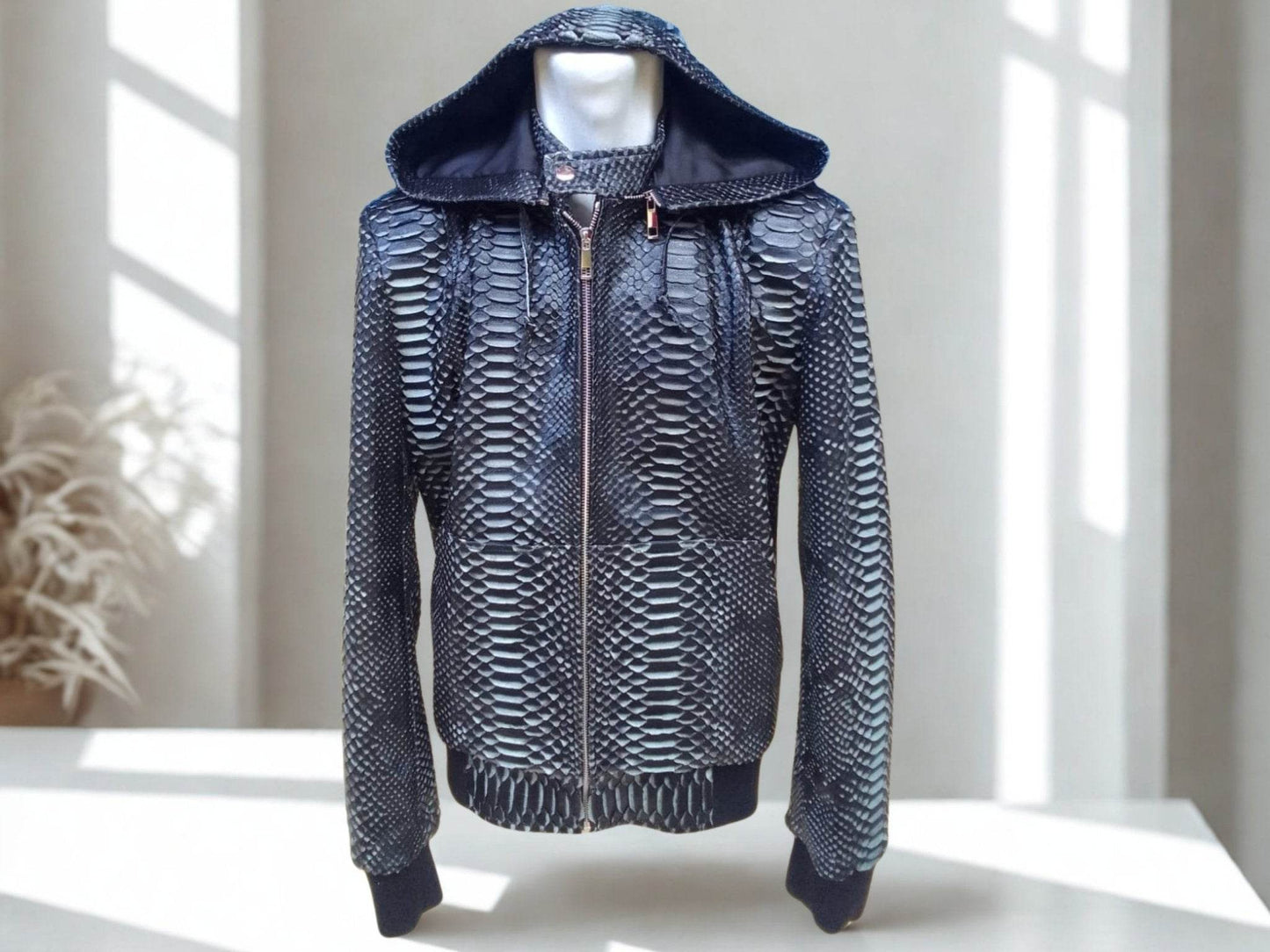 Varsity Snakeskin Leather Jacket with Removable Hoodie - LFM Fashion