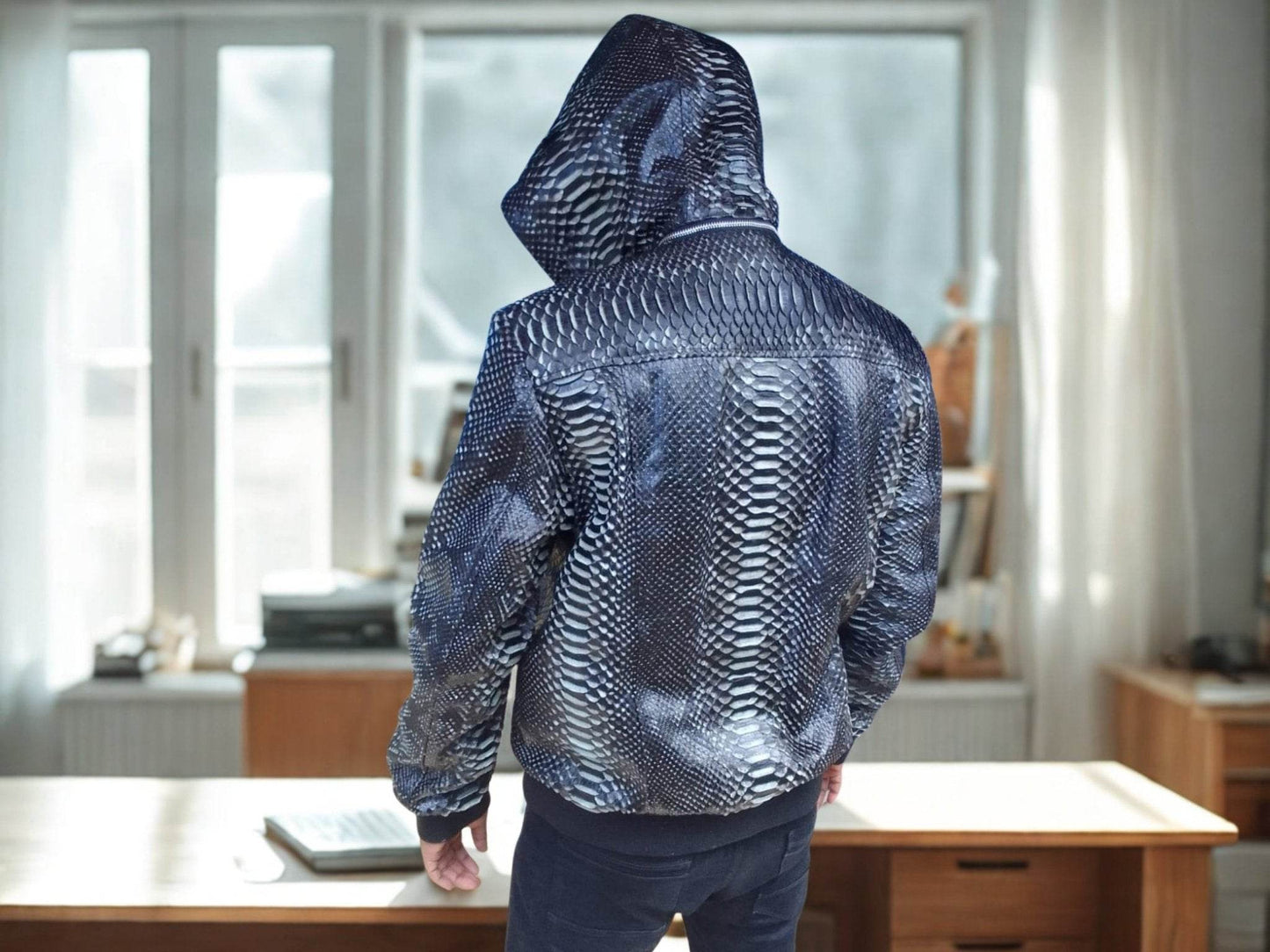 Varsity Snakeskin Leather Jacket with Removable Hoodie - LFM Fashion