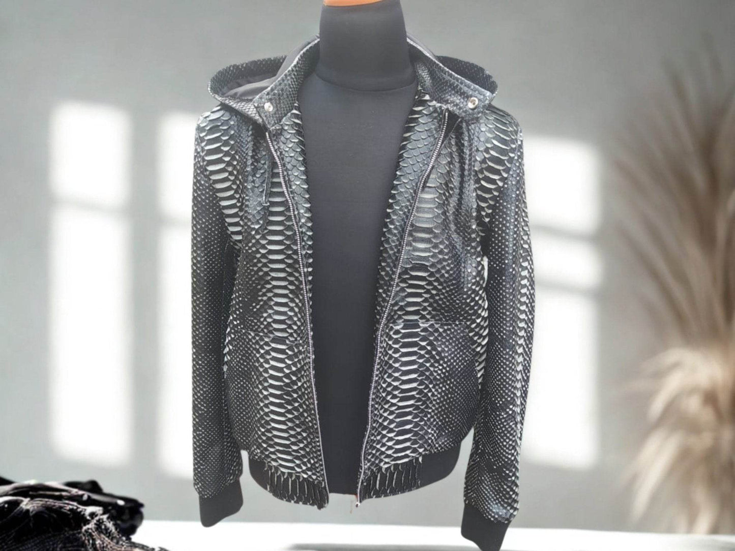 Varsity Snakeskin Leather Jacket with Removable Hoodie - LFM Fashion