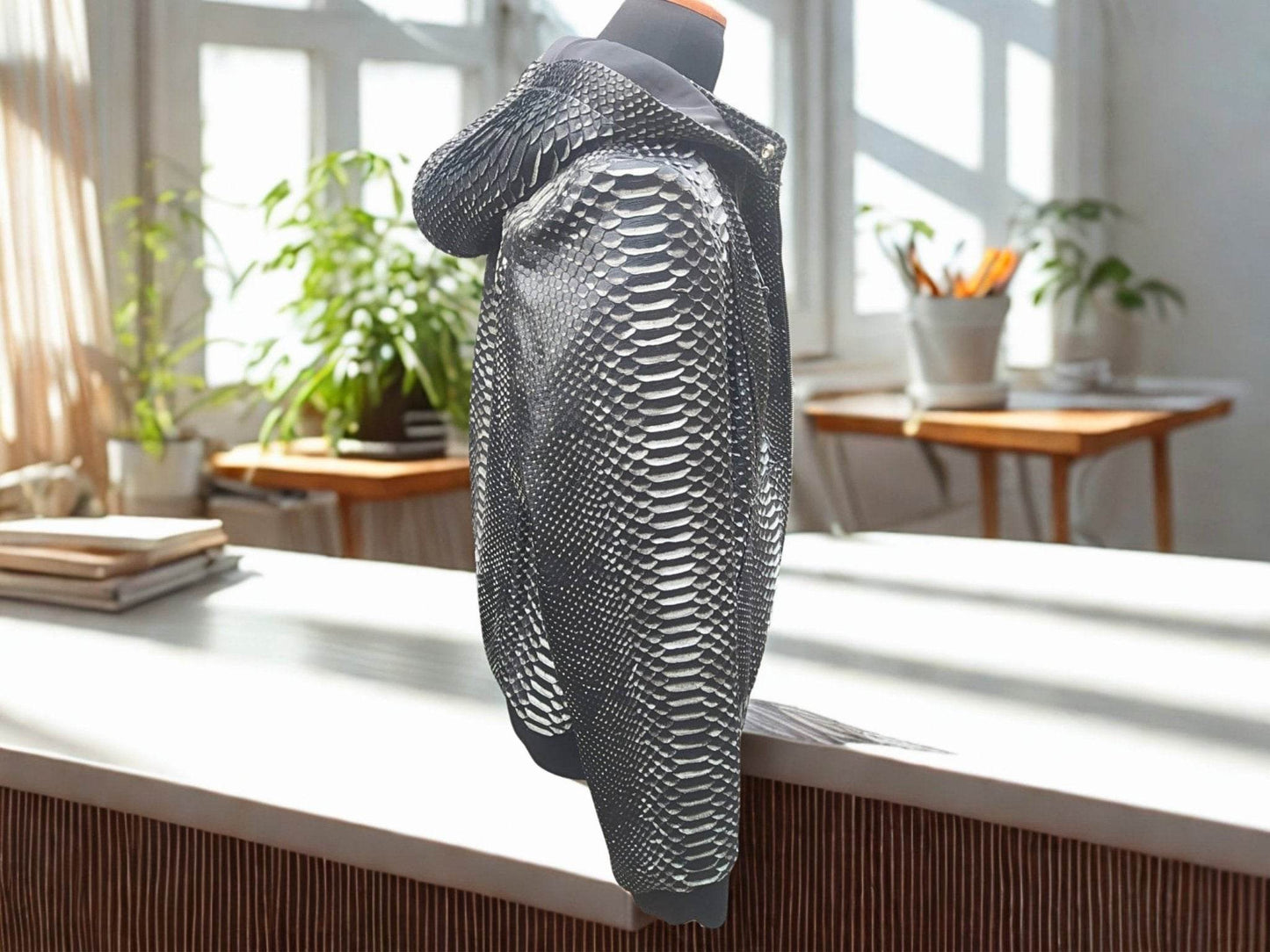 Varsity Snakeskin Leather Jacket with Removable Hoodie - LFM Fashion