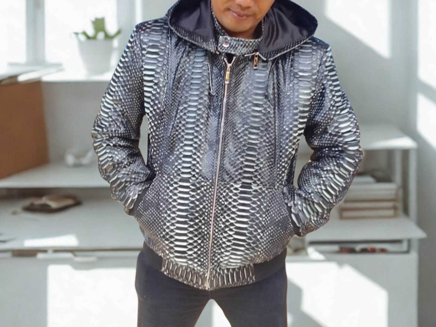 Varsity Snakeskin Leather Jacket with Removable Hoodie - LFM Fashion