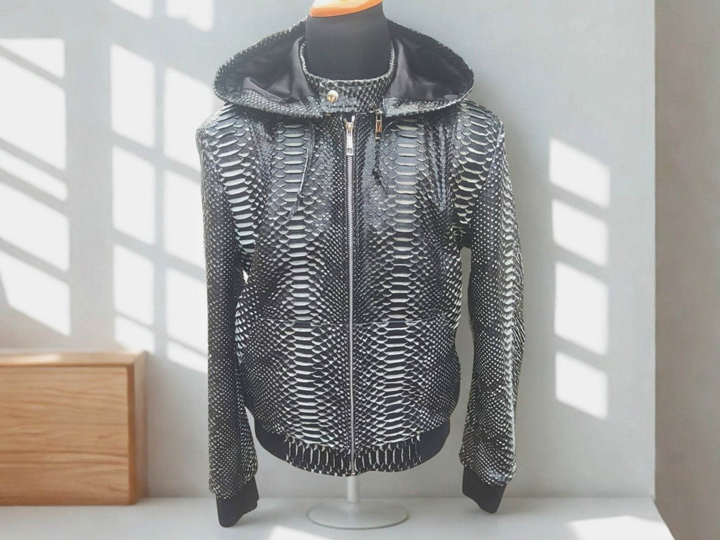Varsity Snakeskin Leather Jacket with Removable Hoodie - LFM Fashion