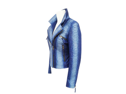 Handmade Blue Python Snakeskin Biker Jacket – Exotic Leather Moto Coat