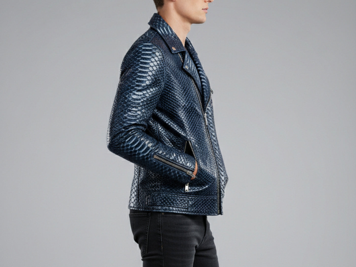 Genuine Python Snakeskin Biker Jacket: Blue Exotic Leather Motorcycle Jacket