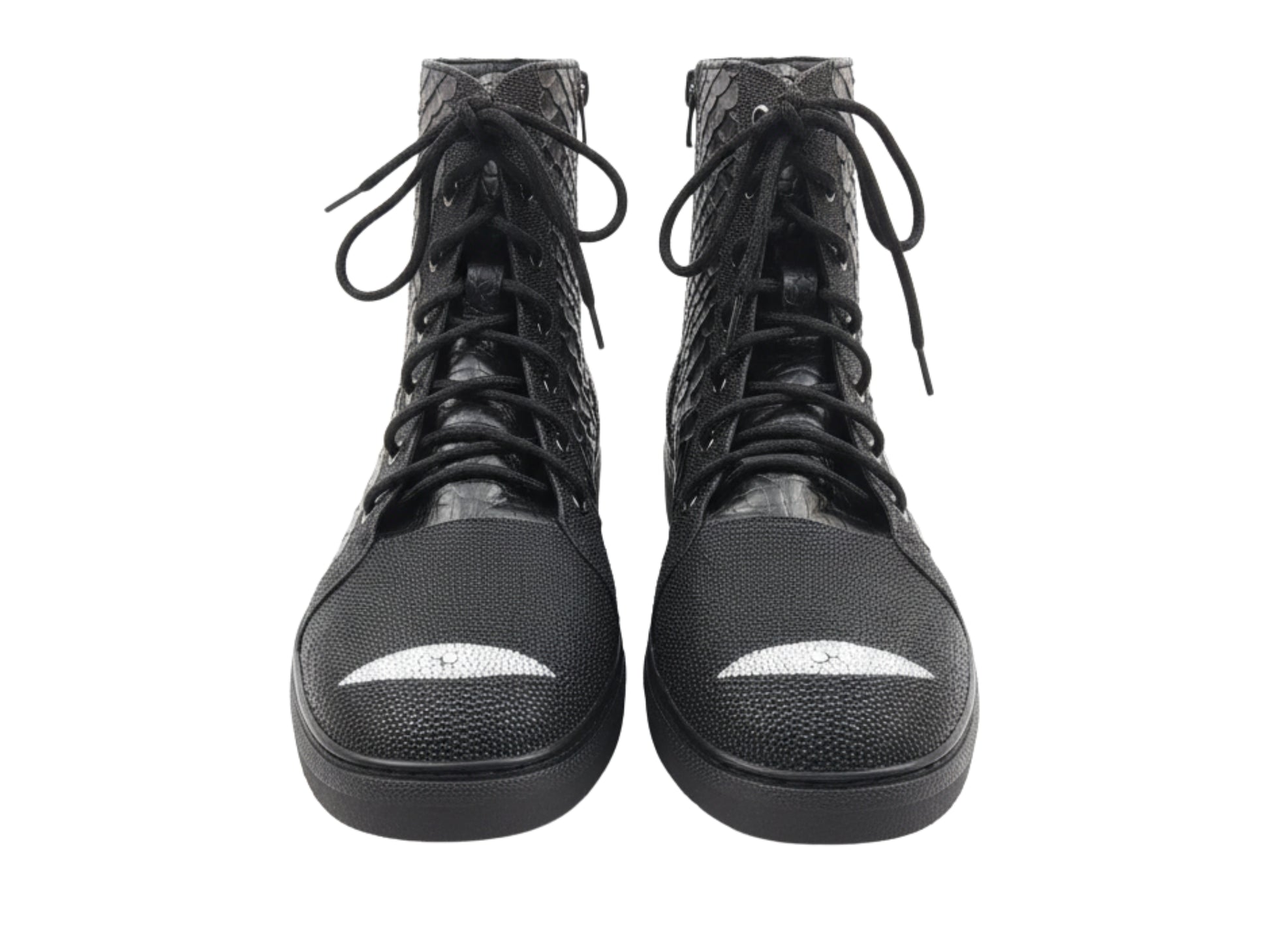 Genuine Python & Stingray Leather Boots: Black Exotic Snakeskin Unisex Combat Boots