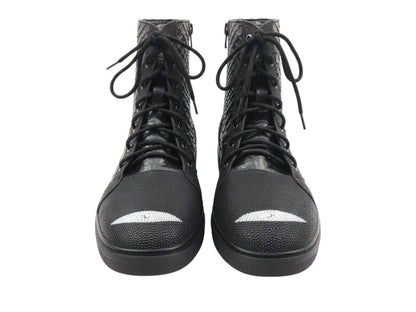 Genuine Python & Stingray Leather Boots: Black Exotic Snakeskin Unisex Combat Boots