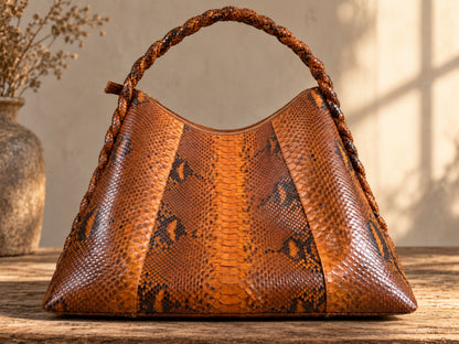 A brown and orange snakeskin-patterned shoulder bag with a braided top handle, displayed on a rustic wooden table with a neutral beige background.