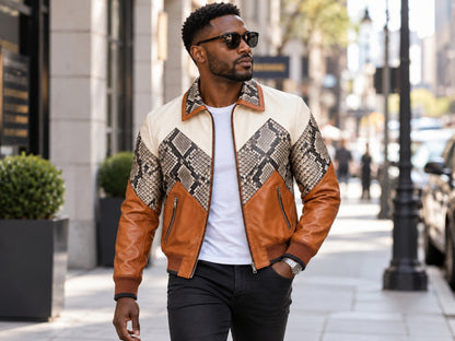 Men's Bomber Jacket | Genuine Python Snakeskin | Lambskin Leather | Cream Brown