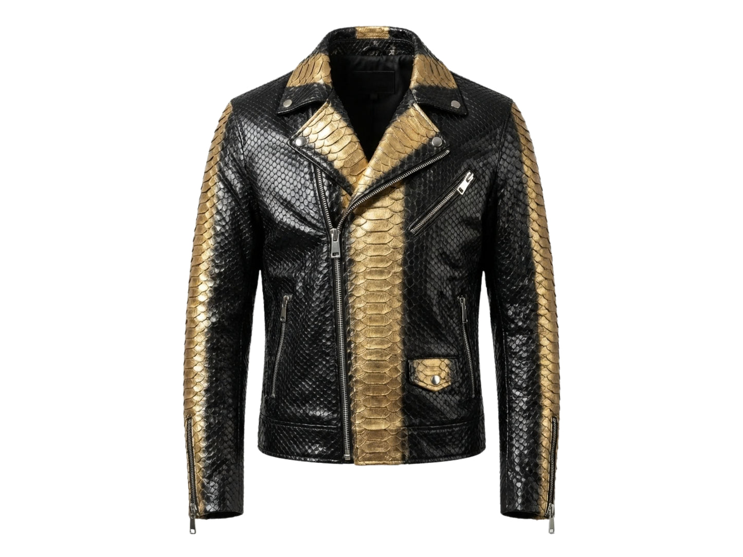 Genuine Python Snakeskin Biker Jacket: Black Gold Exotic Leather Motorcycle Jacket
