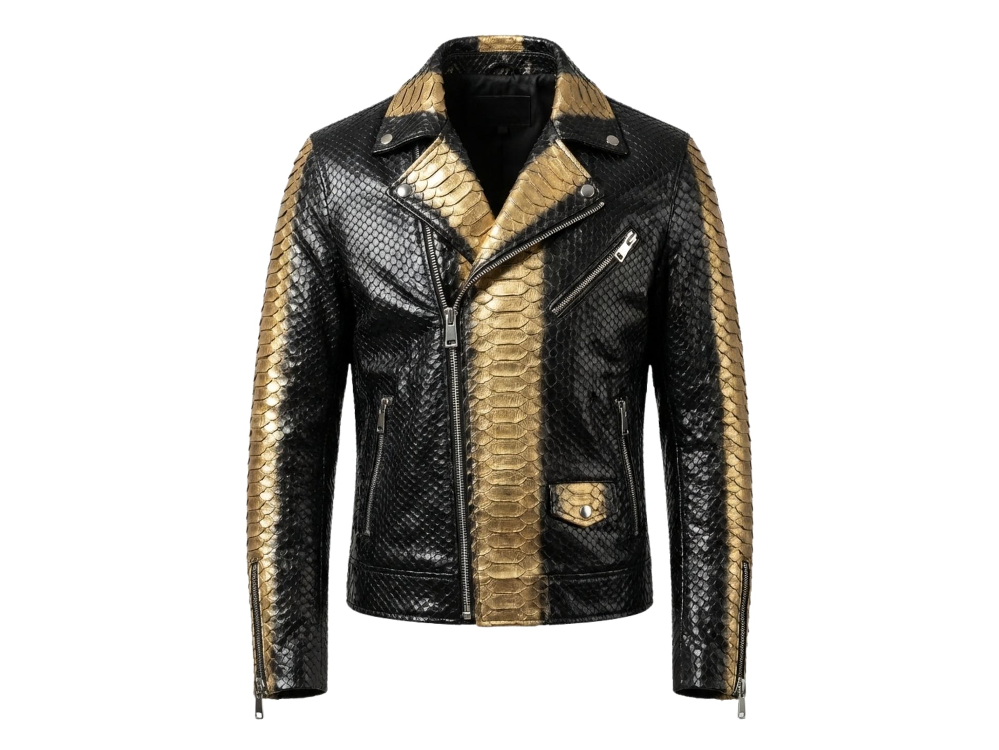 Genuine Python Snakeskin Biker Jacket: Black Gold Exotic Leather Motorcycle Jacket