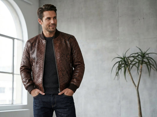 Genuine Python Snakeskin Leather Bomber Jacket: Brown Exotic Biker Motorcycle Jacket