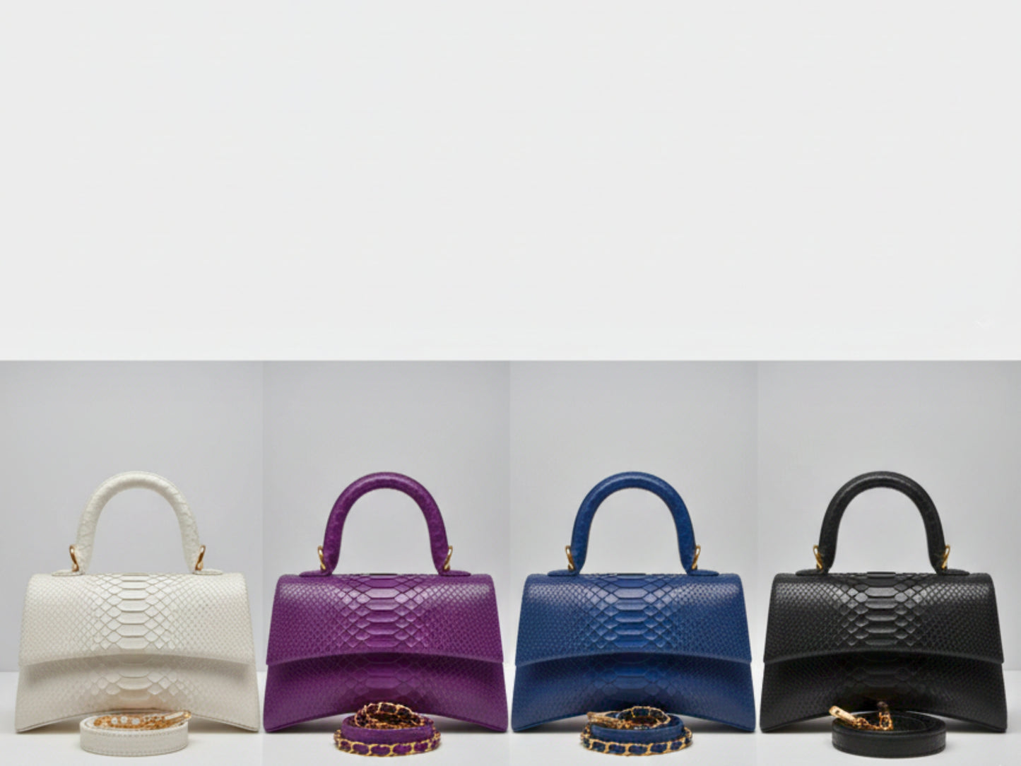 Four handbags in white, purple, blue, and black on a gray background