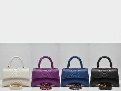 Four handbags in white, purple, blue, and black on a gray background