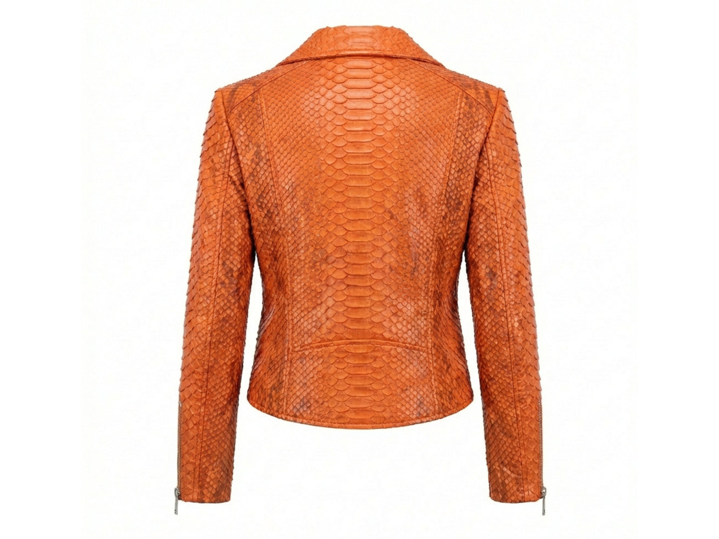 Back view of Genuine Python Snakeskin Leather Biker Jacket for Women in burnt orange color.