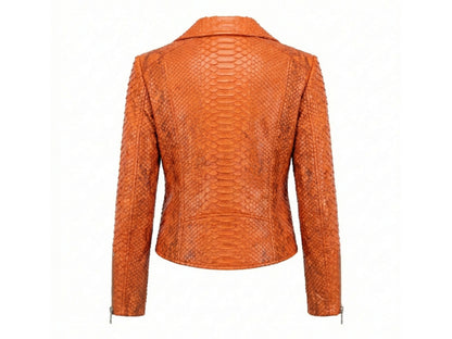 Back view of Genuine Python Snakeskin Leather Biker Jacket for Women in burnt orange color.