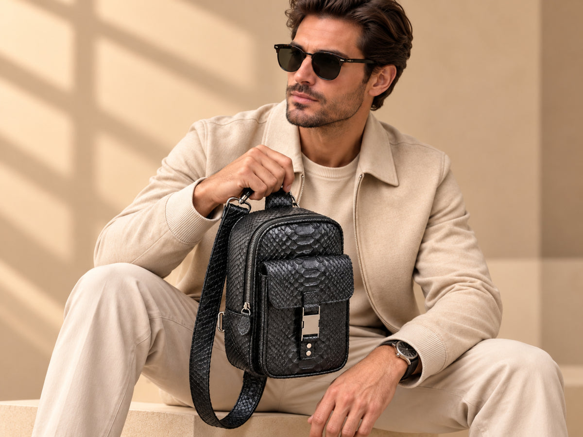A man in a beige blazer and trousers sits on a bench holding a black textured leather crossbody bag with a front pocket and silver hardware.