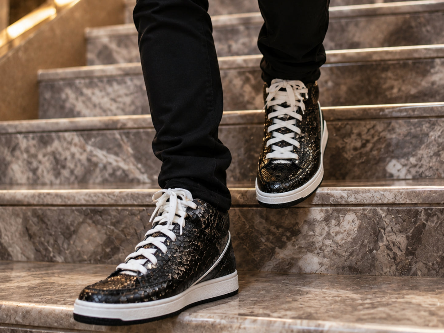 Black Python Snakeskin Leather High-Top Sneakers
