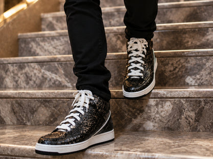 Black Python Snakeskin Leather High-Top Sneakers