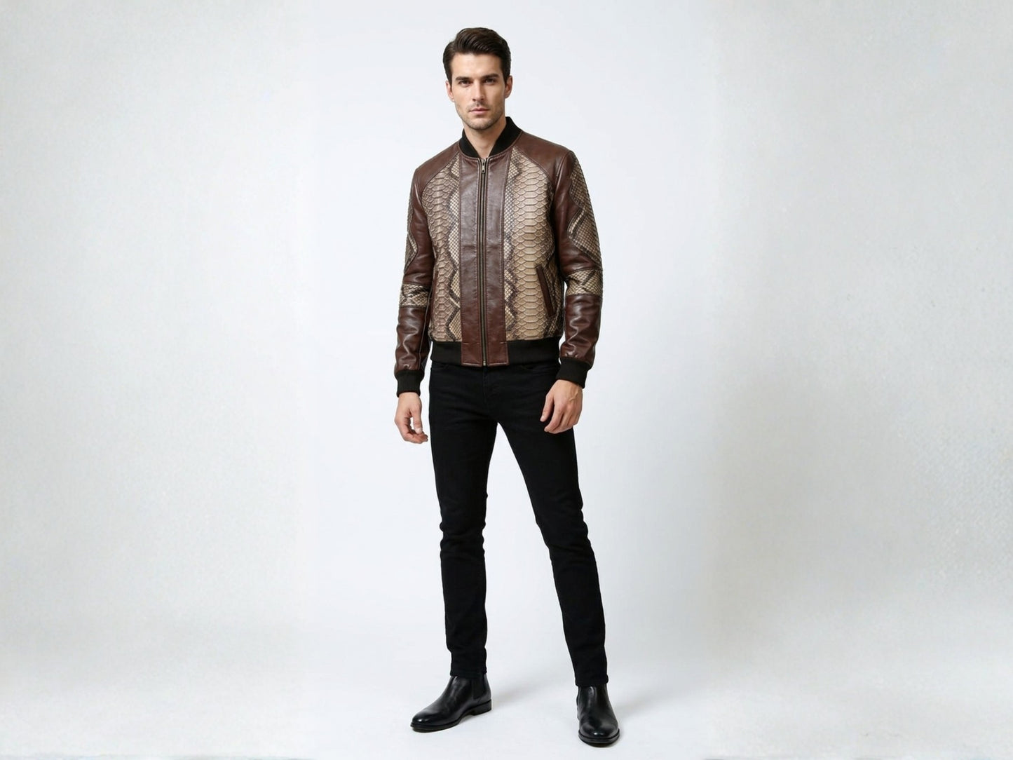 Dark Brown Python Snakeskin Bomber Jacket