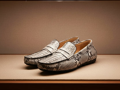 Genuine Python Snakeskin Loafers: Natural Gray Unisex Slip-On Shoes