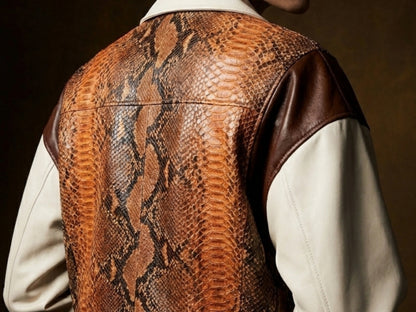 Cream Cognac Genuine Python Snakeskin Lambskin Double Breasted Blazer