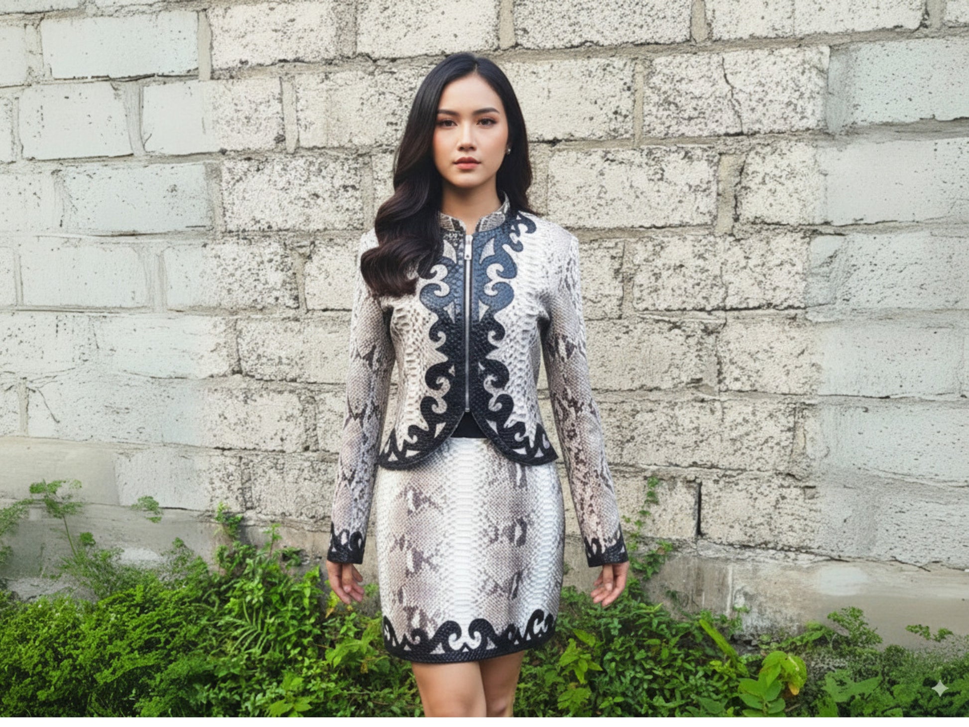 Snakeskin Two-Piece Set: Couture Skirt and Jacket with Black Appliqué
